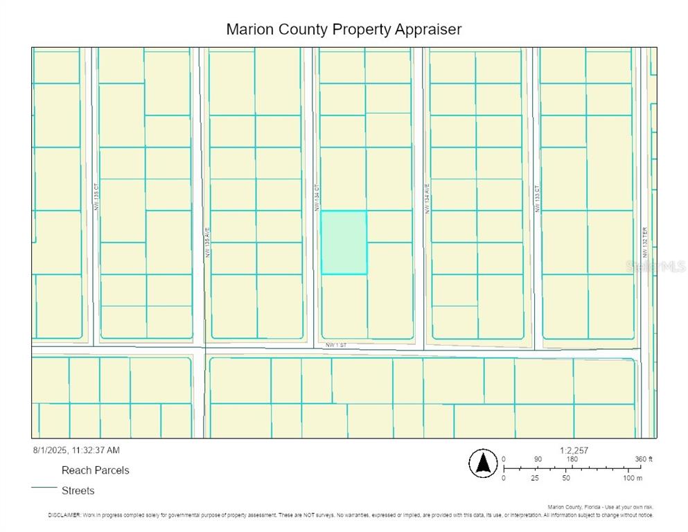 This is a property tax map showing parcel boundaries and street names in Marion County — 145 NW 134TH COURT, OCALA, FL