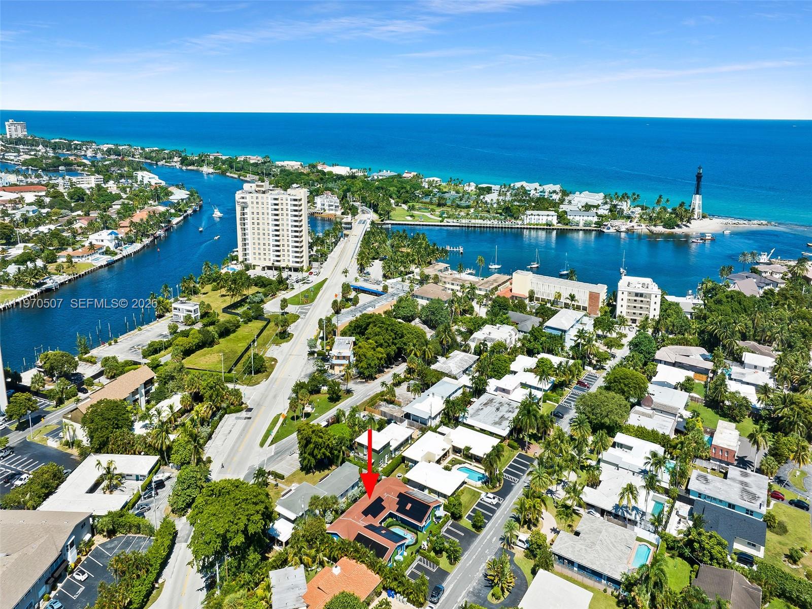 An aerial view shows a residential neighborhood with a red-roofed house marked by an arrow — 3405 Norfolk St, Pompano Beach FL 33062, POMPANO BEACH, FL