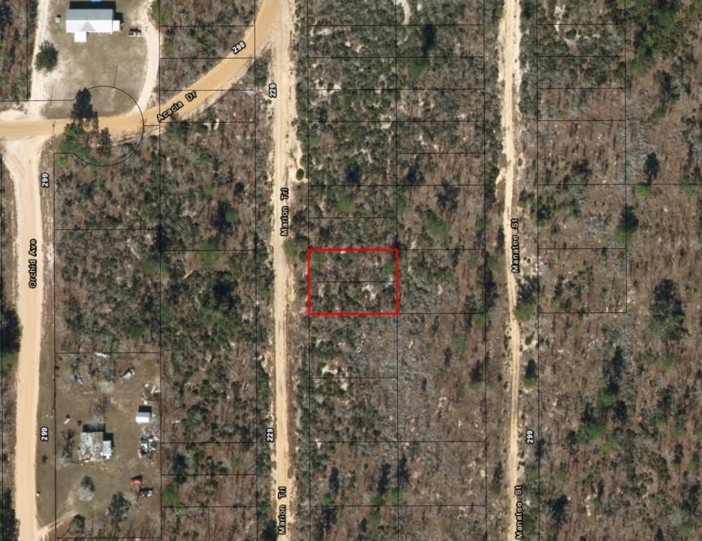 This is a satellite map showing a rectangular plot of land outlined in red — 214 Marion Trail, FL 32148, FL