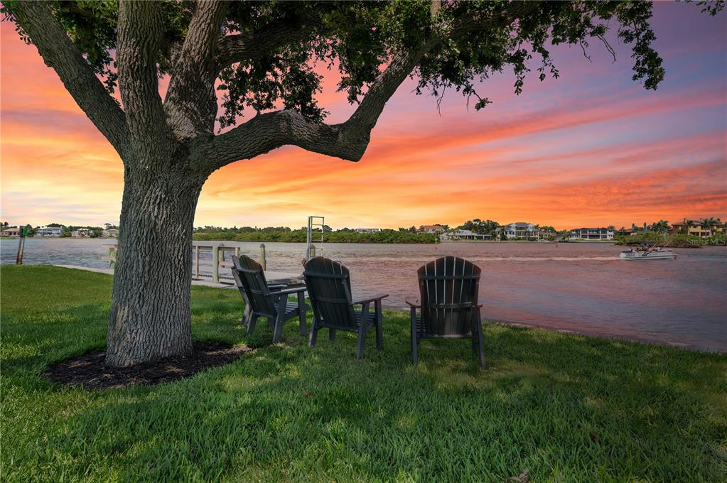 Three dark Adirondack chairs sit on a grassy lawn under a large tree by water — 6005 MIDNIGHT PASS ROAD UNIT N13, SARASOTA, FL