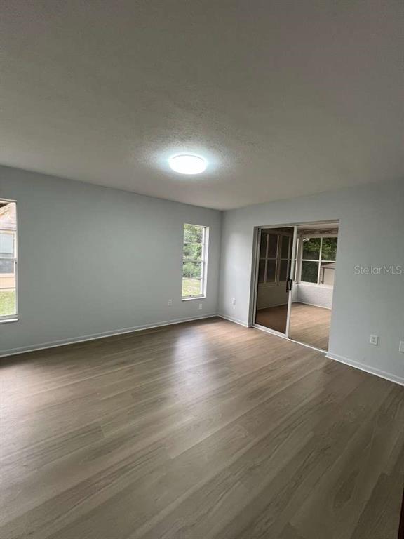 An empty room features light-colored wood-look flooring, light gray walls, and a sliding glass door — 6206 DORSET ROAD, SPRING HILL, FL