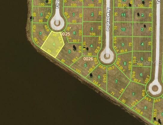 This is a map showing a residential subdivision layout with highlighted lots bordering a lake — 1 FIR COURT, PLACIDA, FL