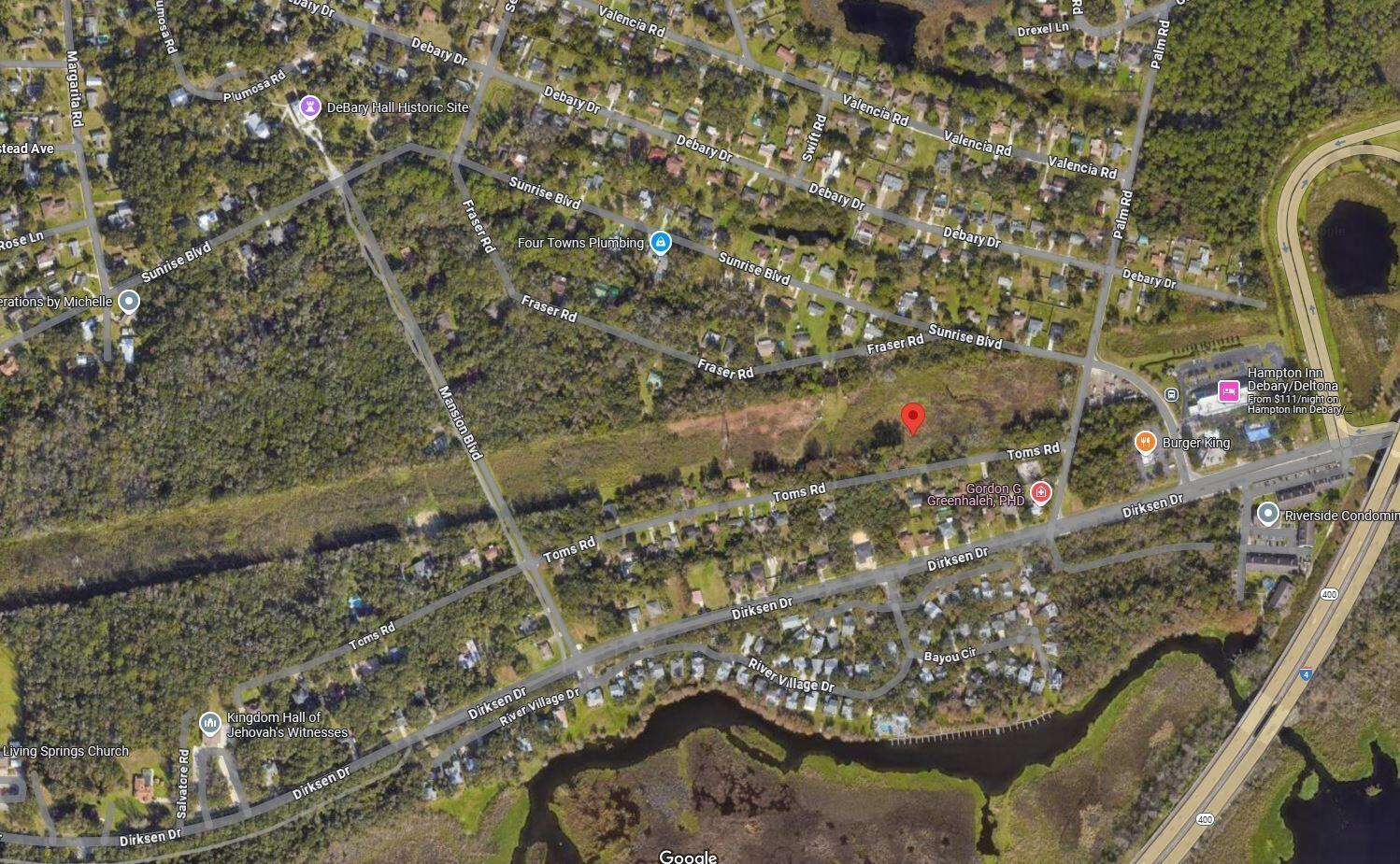 This is an aerial map view of a residential area in DeBary, Florida — 268 Toms Road, FL 32713, FL