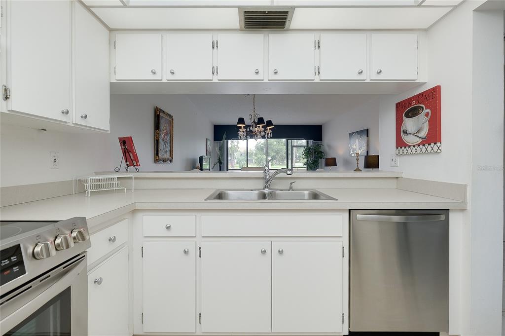 A white kitchen features stainless steel appliances, a double sink, and a pass-through window — 1186 BIRD BAY WAY UNIT 109, VENICE, FL