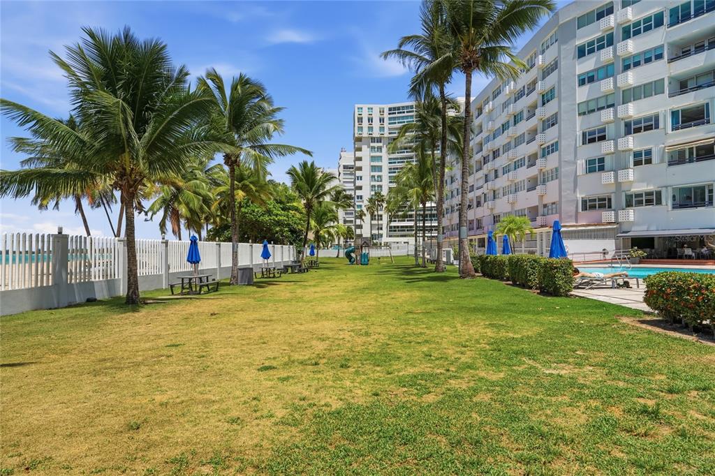 A grassy lawn with palm trees sits between a white fence and a large apartment building — 187 HORIZONTE UNIT 906, CAROLINA, PR