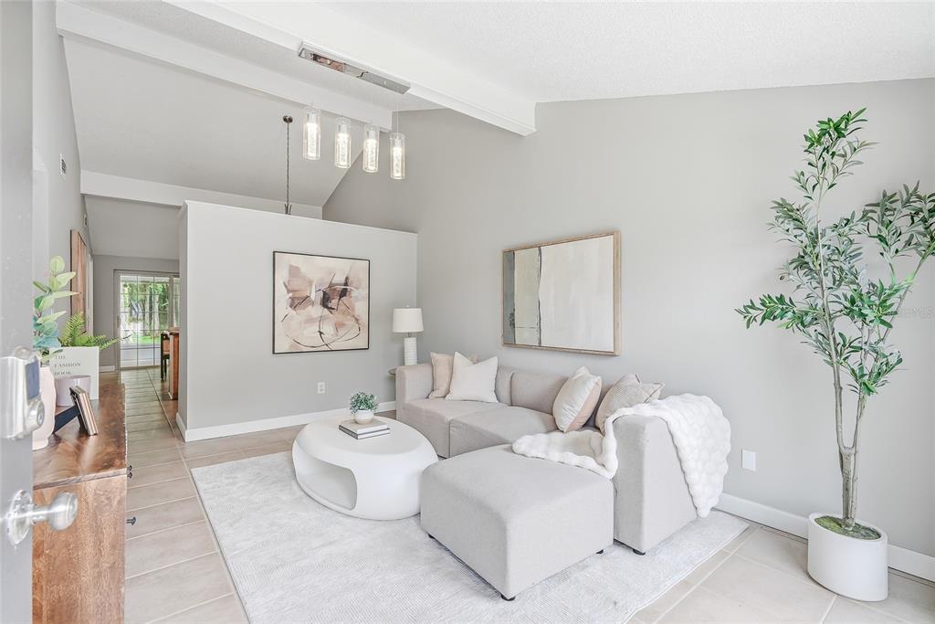 A living room features a light gray sectional sofa, a white coffee table, and vaulted ceilings — 16206 SAGEBRUSH ROAD, TAMPA, FL