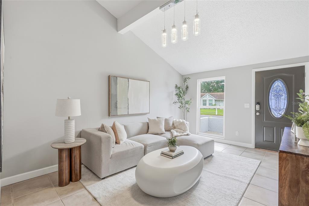 A living room features a light gray sectional sofa, a white oval coffee table, and vaulted ceilings — 16206 SAGEBRUSH ROAD, TAMPA, FL