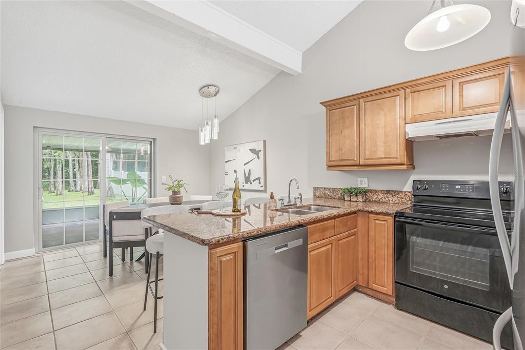 A kitchen with wood cabinets, granite countertops, and a dining area with sliding glass doors — 16206 SAGEBRUSH ROAD, TAMPA, FL