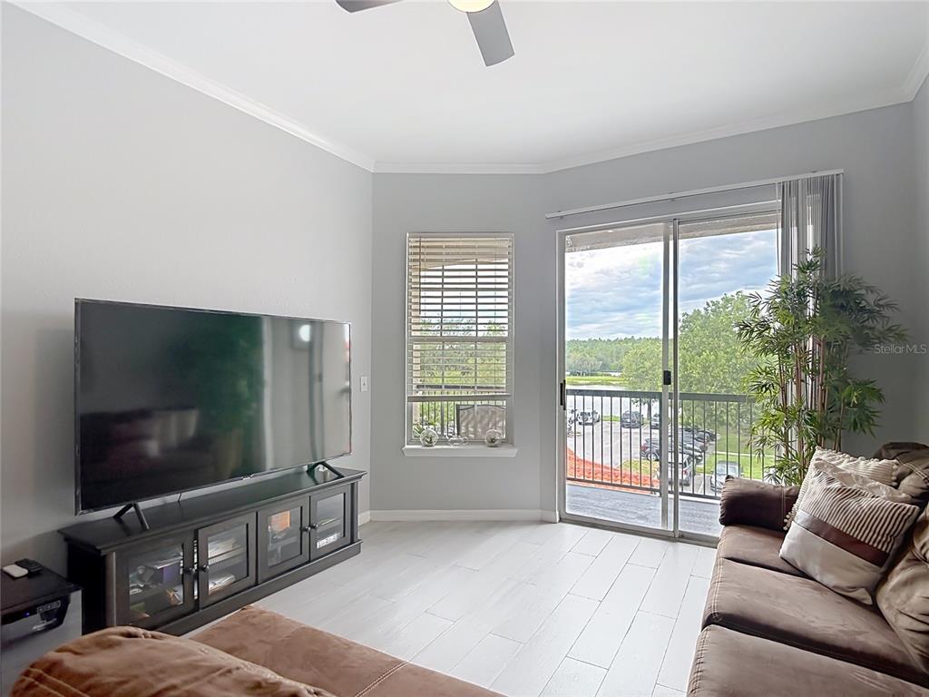 A living room features light gray walls, wood-look tile flooring, a television console, and a balcony — 18107 PEREGRINES PERCH PLACE UNIT 6304, LUTZ, FL