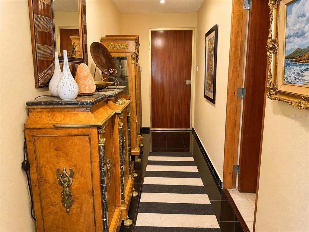 A hallway features a wooden cabinet, a striped runner rug, and a closed wooden door — 1035 AVE. ASHFORD UNIT 407, SAN JUAN, PR
