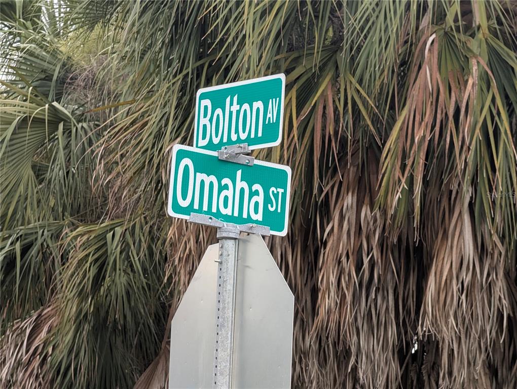 A street sign for Bolton Avenue and Omaha Street stands in front of palm fronds — 00 BOLTON AVENUE, HUDSON, FL