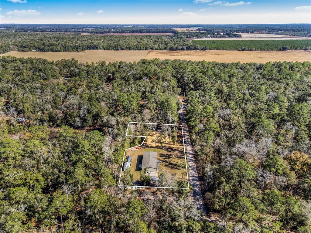 An aerial view shows a house situated on a wooded lot with a white boundary line — 7970 SW 14TH PLACE, BELL, FL