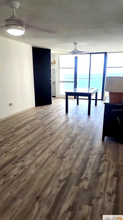 An open living area features wood-look flooring, two ceiling fans, and a view of the ocean — 7 EARLE STREET UNIT 901, SAN JUAN, PR