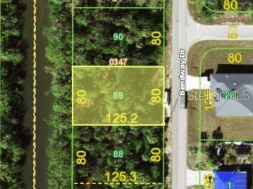 This is a map showing a rectangular residential lot highlighted in yellow along a road — 2039 BENDWAY DRIVE, PORT CHARLOTTE, FL