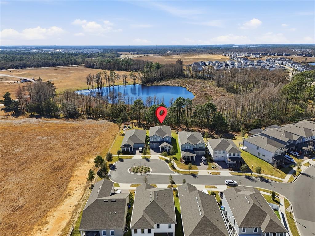 An aerial view shows a suburban neighborhood with houses surrounding a small lake — 17222 DANCY ORANGE COURT, WINTER GARDEN, FL