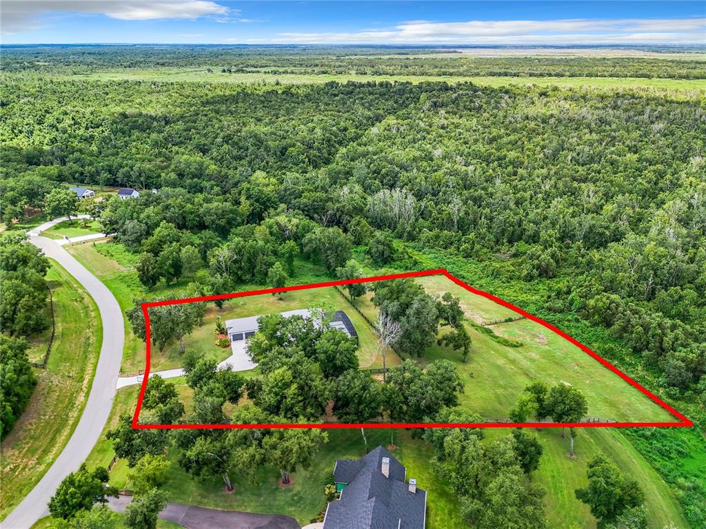 An aerial view shows a house on a large, tree-lined lot outlined in red — 20404 WOLF SPRINGS COURT, CLERMONT, FL