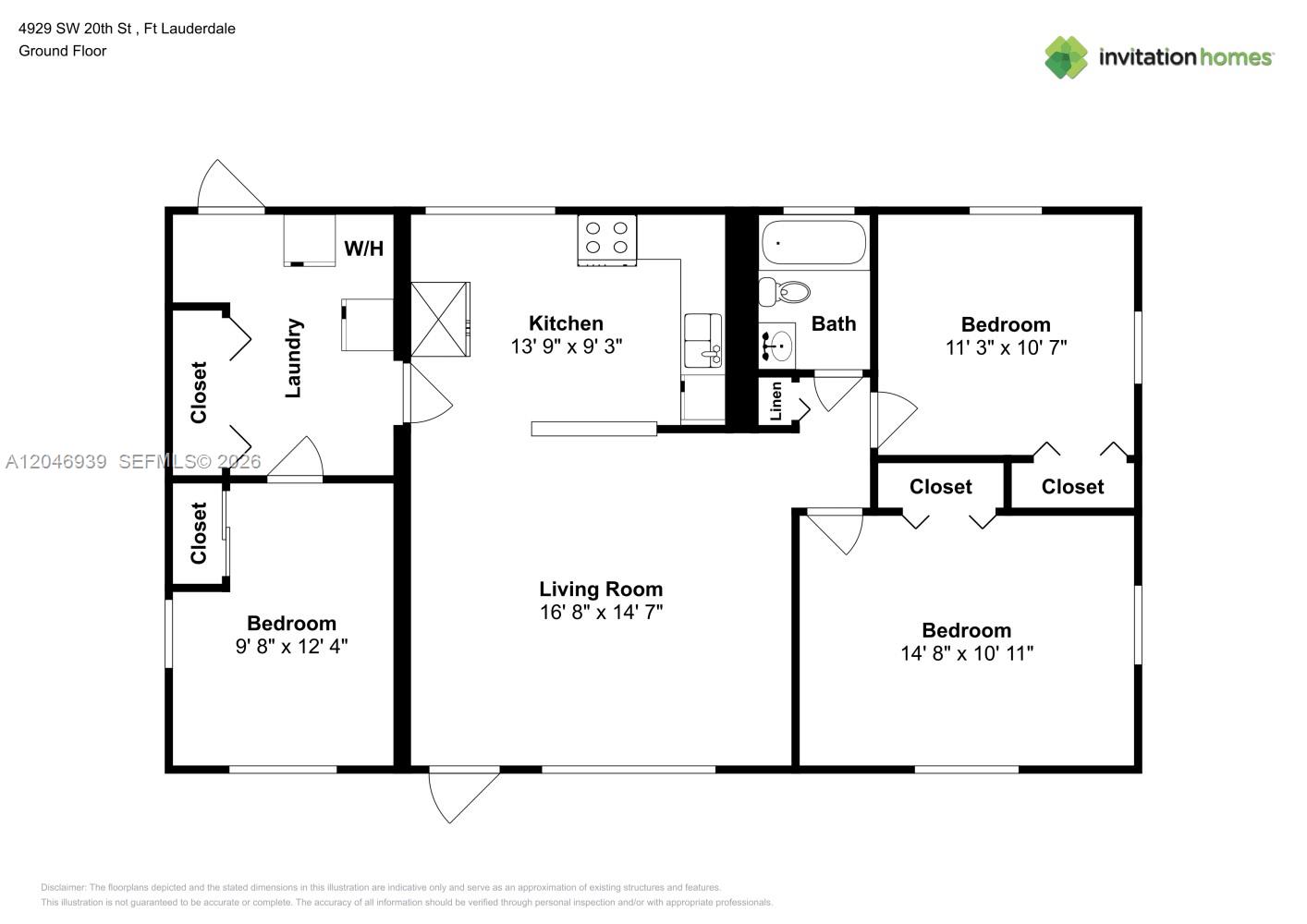 This is a floor plan for a three-bedroom, one-bathroom residential unit — FORT LAUDERDALE, FL