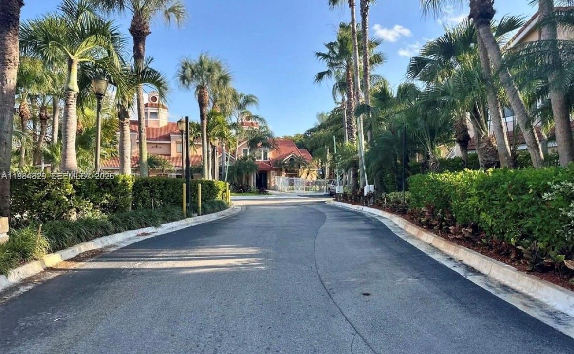 A paved driveway leads toward a multi-story building surrounded by palm trees and landscaping — 10501 SW 155th Ct # 1124, Miami FL 33196, MIAMI, FL