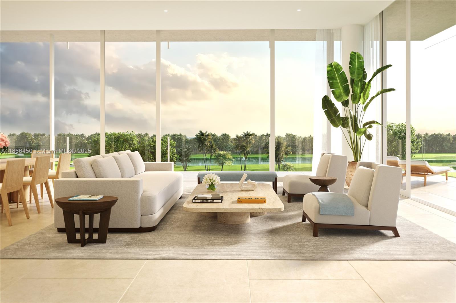 This is a rendering of a modern living room with floor-to-ceiling windows overlooking a golf course — 501 Diplomat # H, Hallandale Beach FL 33009, HALLANDALE BEACH, FL