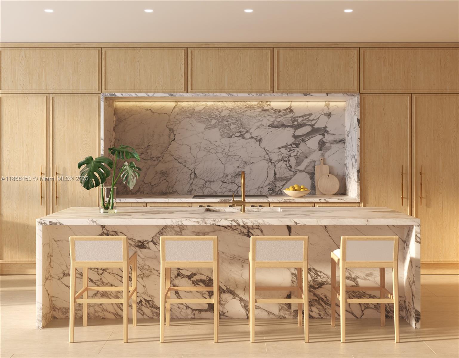This rendering shows a modern kitchen with light wood cabinetry, marble countertops, and a waterfall island — 501 Diplomat # H, Hallandale Beach FL 33009, HALLANDALE BEACH, FL