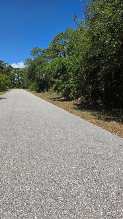 A paved road runs alongside a wooded lot under a clear blue sky — 18342 OXFORD AVENUE, PORT CHARLOTTE, FL