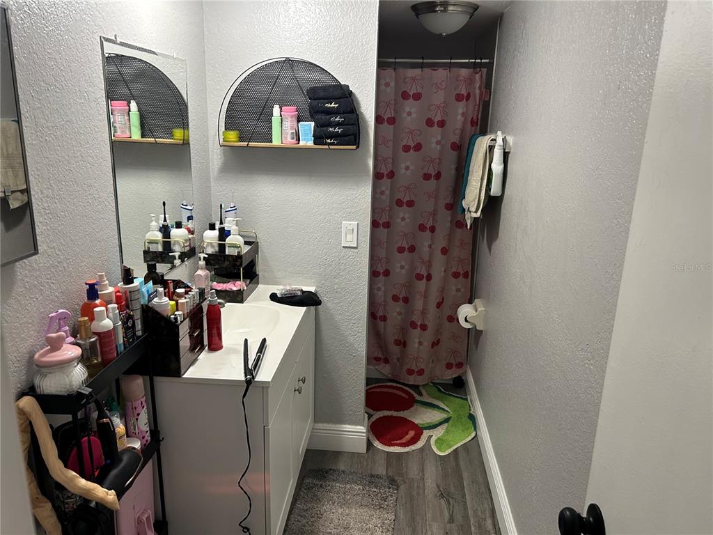 A bathroom features a white vanity, a cherry-patterned shower curtain, and a matching floor mat — 6301 58TH STREET N UNIT 705, PINELLAS PARK, FL