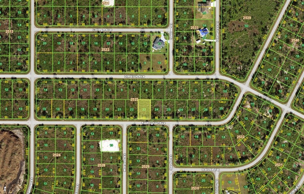 This is an aerial map showing residential lots and street layouts in a neighborhood — 295 REDINGTON AVENUE, PORT CHARLOTTE, FL