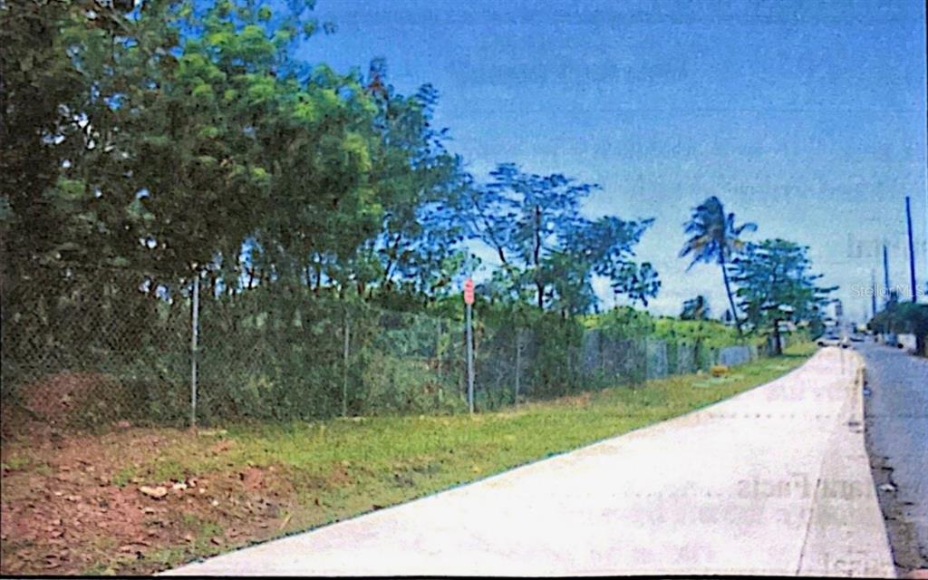 A paved sidewalk runs alongside a chain-link fence bordering a grassy, tree-filled vacant lot — PR-8869 AT KILOMETER 0.7, PALMAS WARD, CAT, CATANO, PR