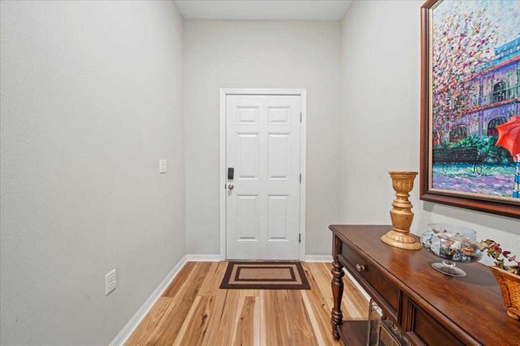 An entryway features light gray walls, wood-look flooring, a white front door, and a wooden console — 5543 ARLINGTON RIVER DRIVE, LAKELAND, FL