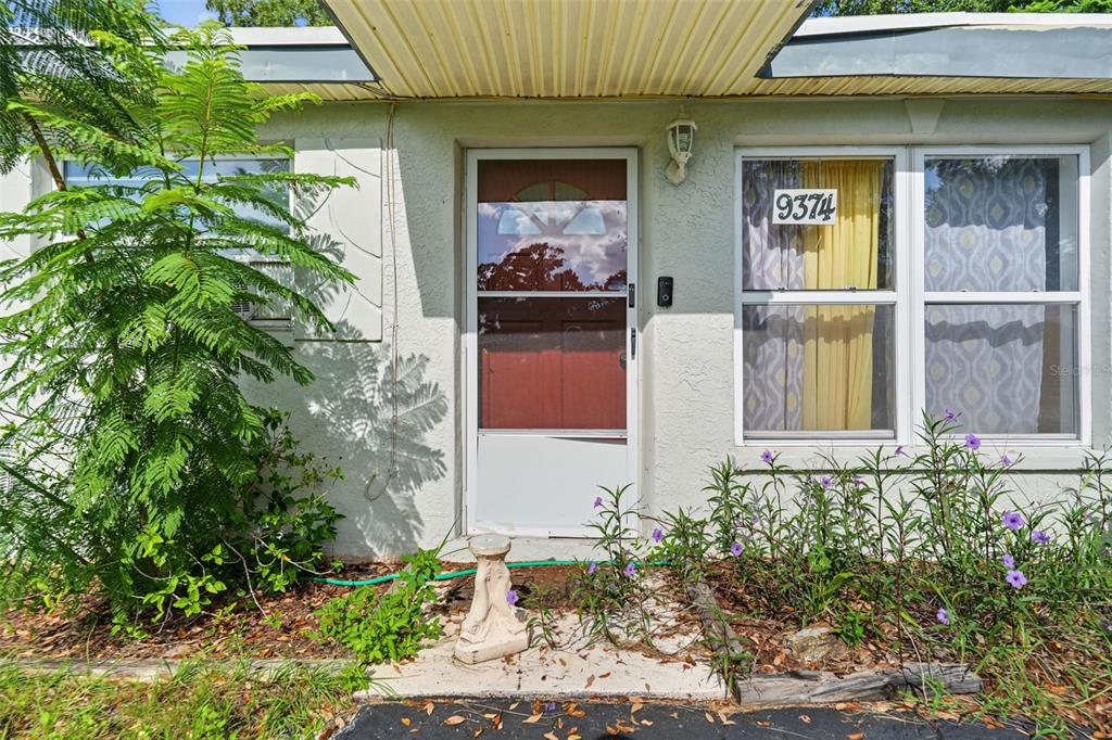 The exterior of a house features a front door, a window with curtains, and landscaping — 9374 84TH STREET, SEMINOLE, FL