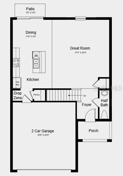 This is a floor plan of a home's first level featuring a garage and open-concept living — 140 BRINSMEAD ROAD, HAINES CITY, FL