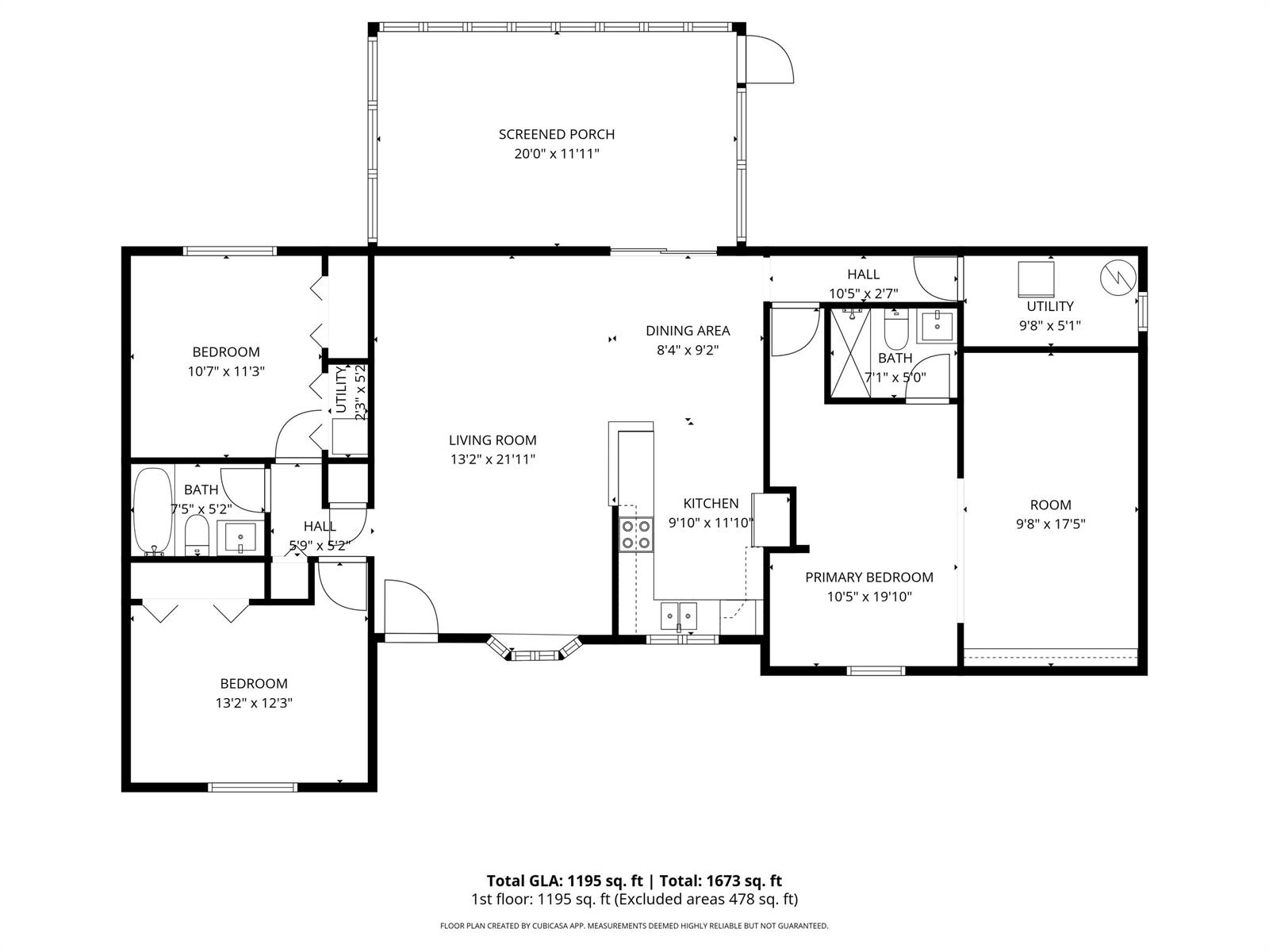 This is a floor plan of a house with three bedrooms, two bathrooms, and a porch — 1846 24th Place SW, Vero Beach FL 32962, VERO BEACH, FL