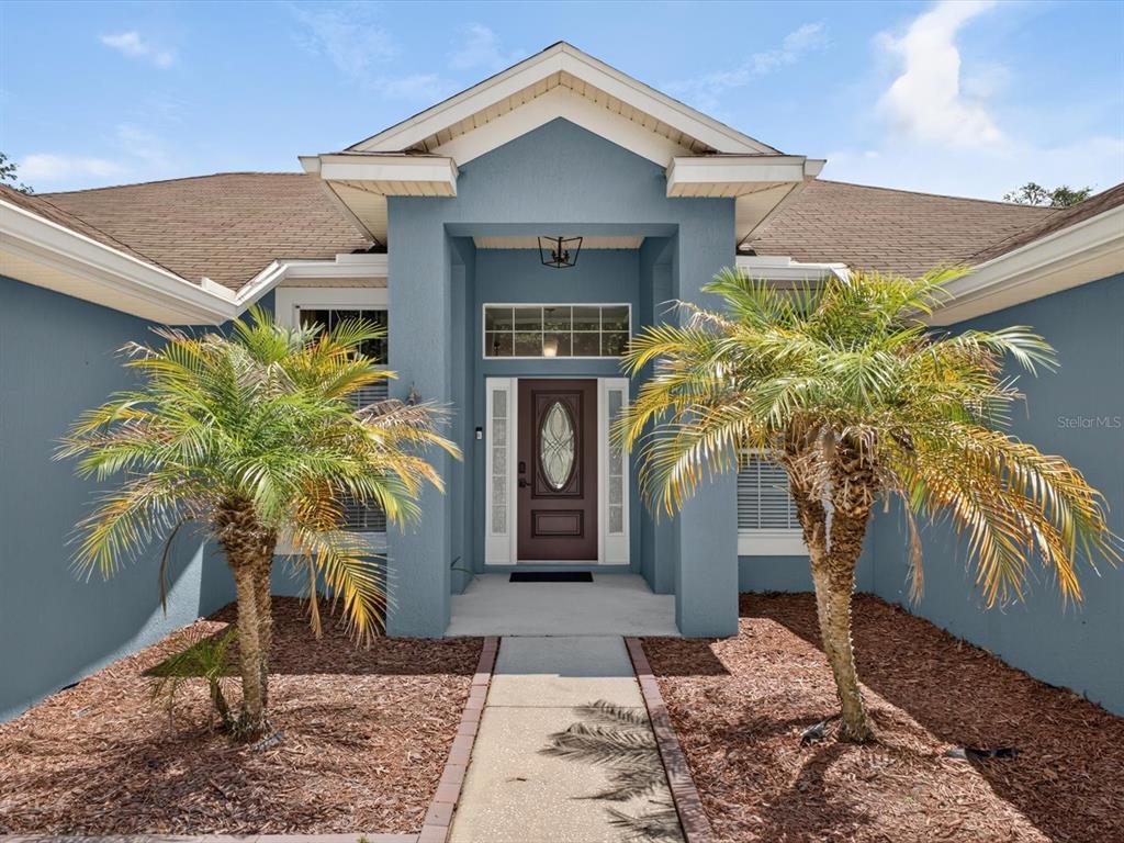 A blue house exterior features a front door, a concrete walkway, and two palm trees — 417 RIO GRANDE COURT, KISSIMMEE, FL