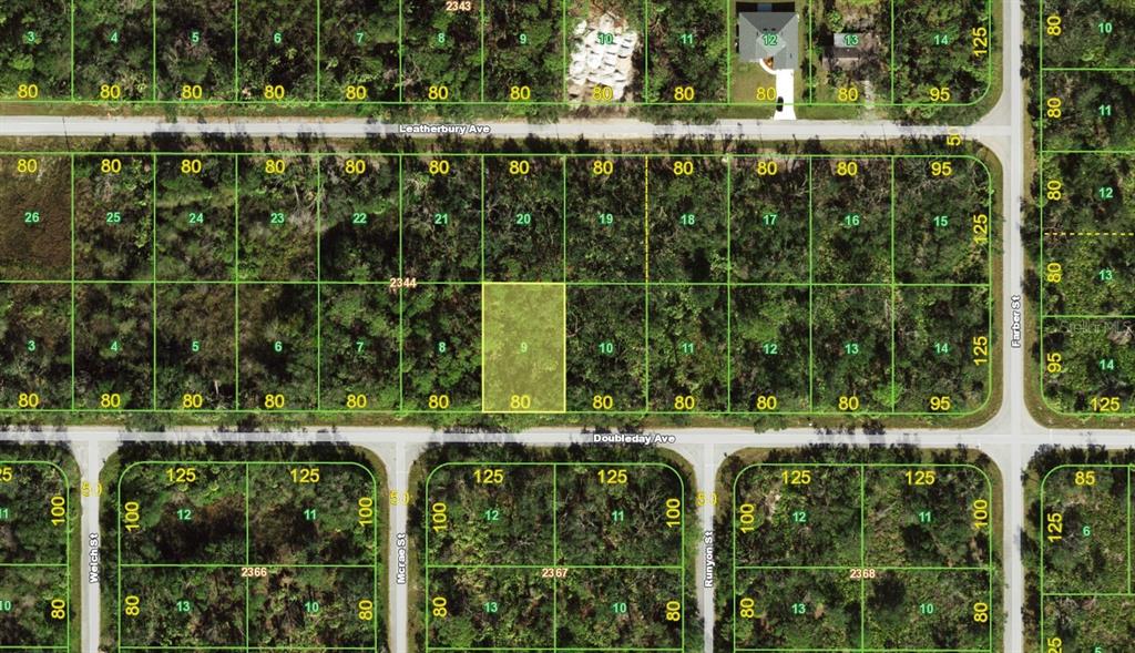 This is a satellite map view of a residential subdivision with highlighted land parcels — 13374 DOUBLEDAY AVENUE, PORT CHARLOTTE, FL
