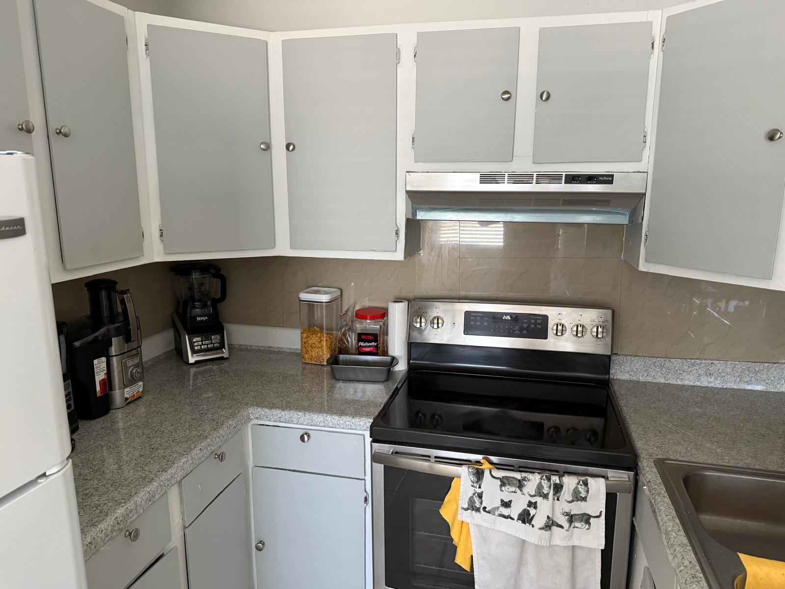 A kitchen features gray cabinets, granite countertops, a stainless steel stove, and a tile backsplash — 4865 Dell Avenue, Lake Worth FL 33461, LAKE WORTH, FL