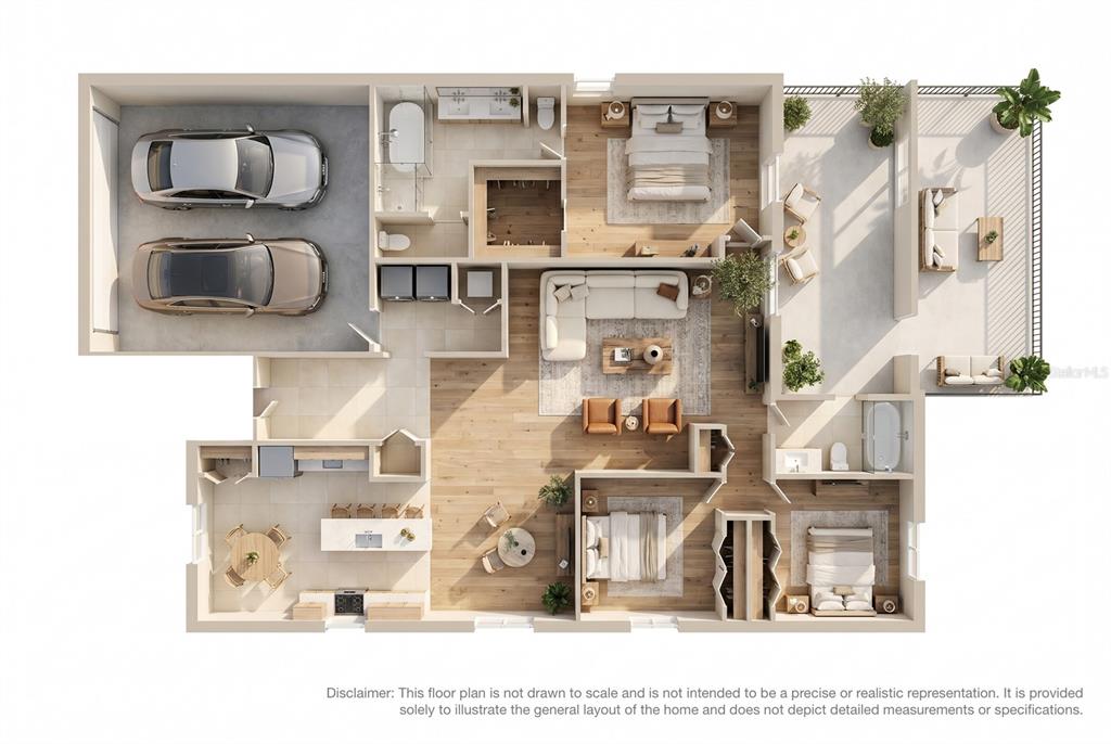 This is a 3D floor plan rendering of a three-bedroom apartment with a two-car garage — 5708 RUTHERFORD ROAD, MOUNT DORA, FL