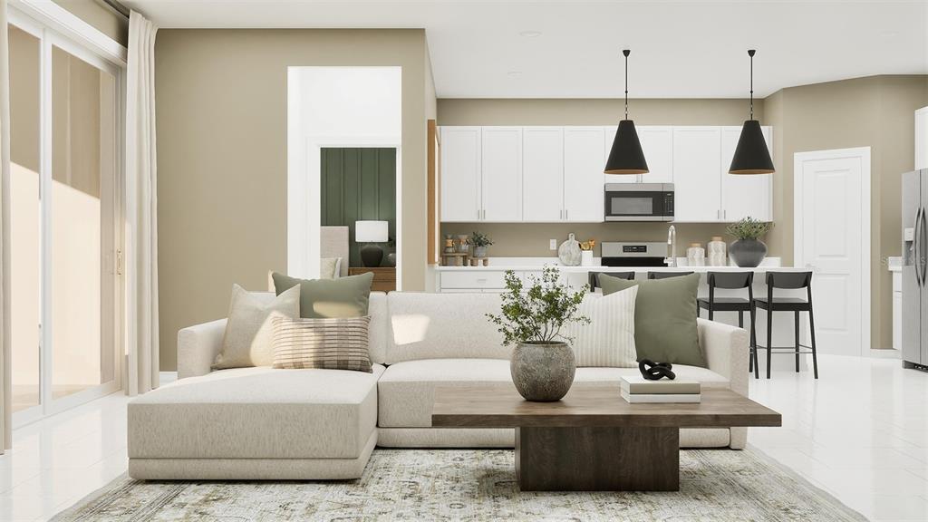 This rendering shows an open-concept living room and kitchen with neutral tones and modern furniture — 26621 WILGROVE PLACE, PUNTA GORDA, FL