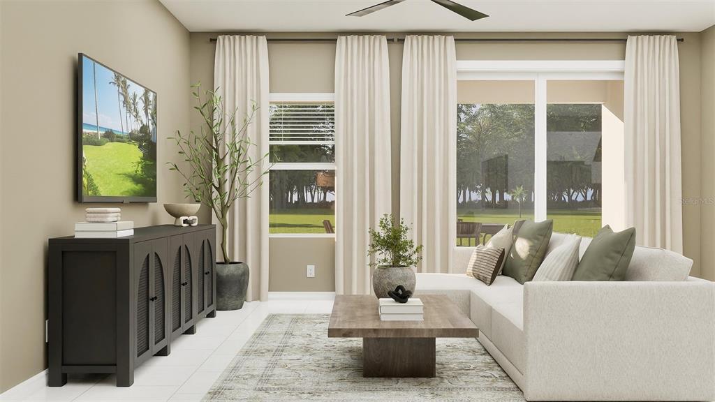 This rendering shows a living room with a dark console, sectional sofa, and large windows — 26621 WILGROVE PLACE, PUNTA GORDA, FL