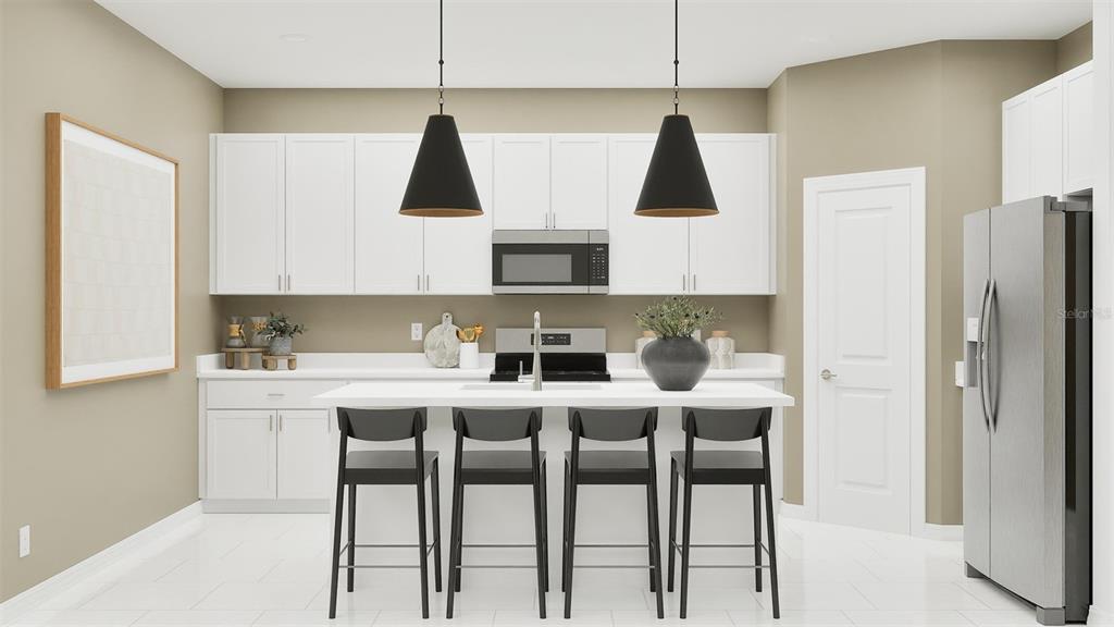 This is a digital rendering of a modern kitchen featuring white cabinets, an island, and stools — 26621 WILGROVE PLACE, PUNTA GORDA, FL