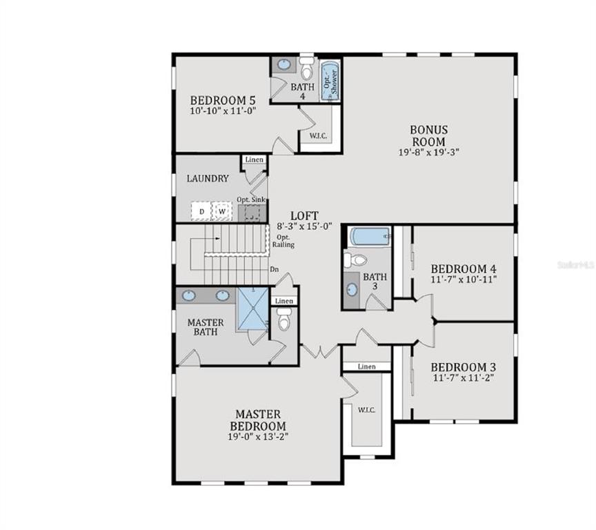 This is a floor plan of a residential second story with five bedrooms and a loft — 2936 GARDEN TRAIL BEND, ST CLOUD, FL