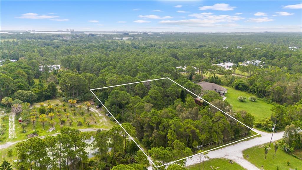 An aerial view shows a wooded, rectangular plot of land outlined in white near a road — FORT PIERCE, FL