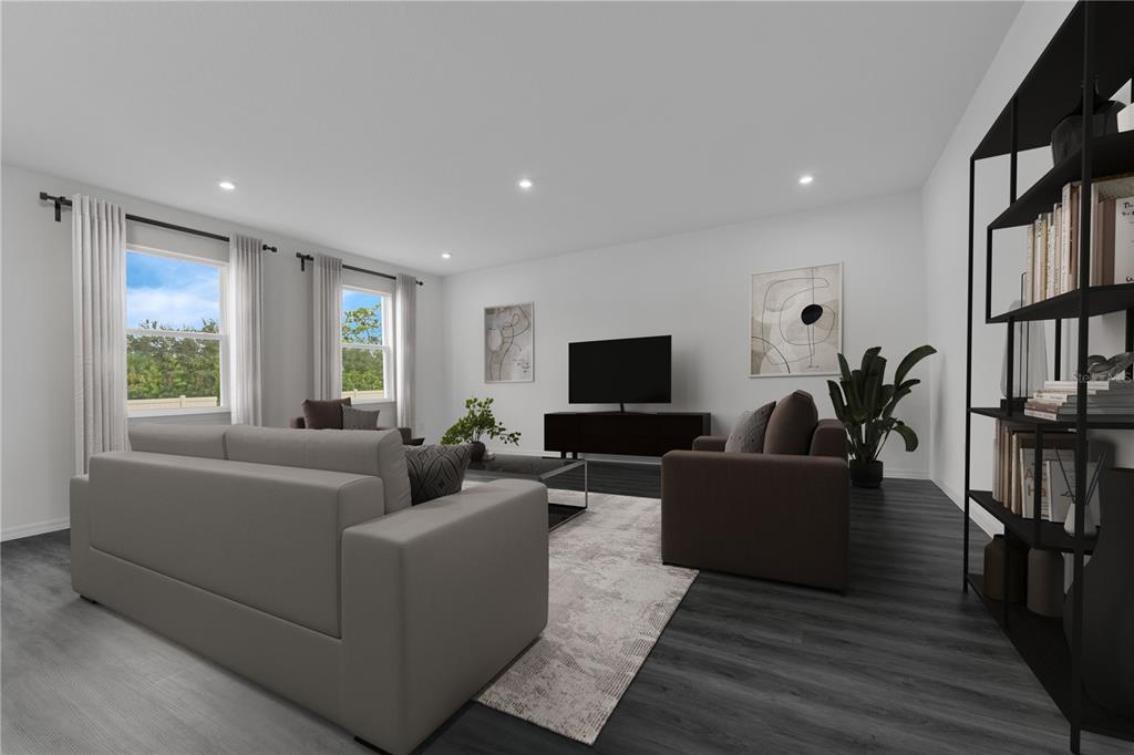 This is a digital rendering of a living room with gray flooring and neutral furniture — 1422 W DUNBLANE WAY NE, PALM BAY, FL