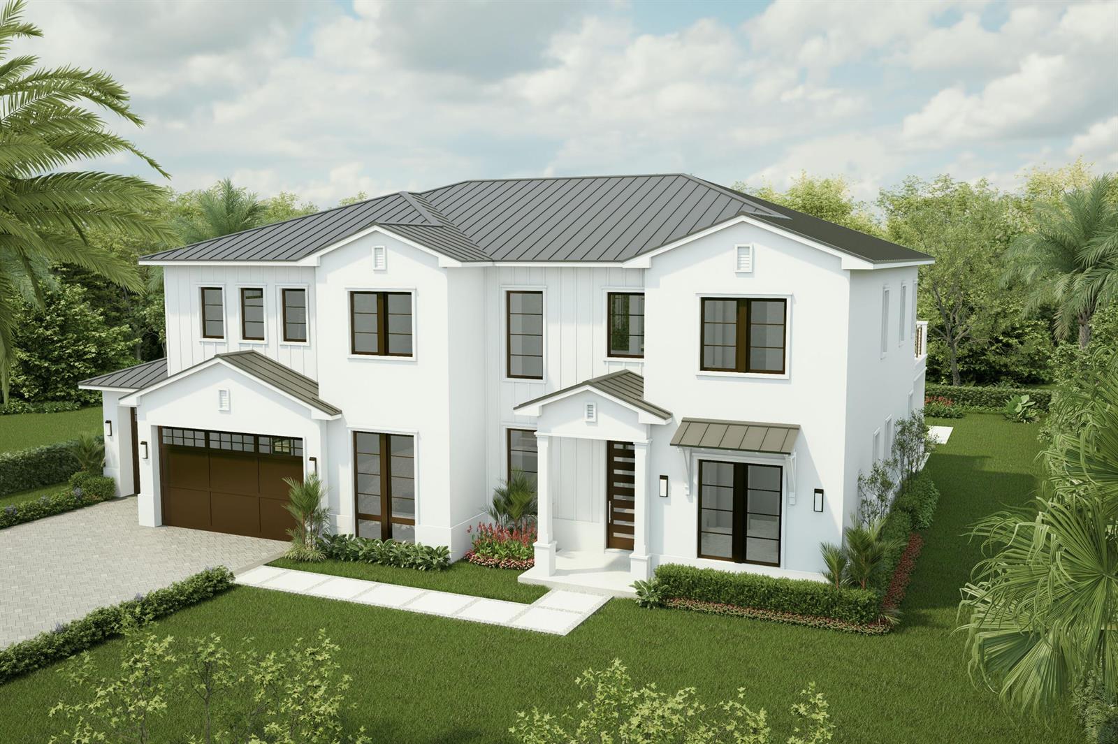 This is a rendering of a two-story white house with a dark metal roof — 1235 Aryana Way, Delray Beach FL 33445, DELRAY BEACH, FL