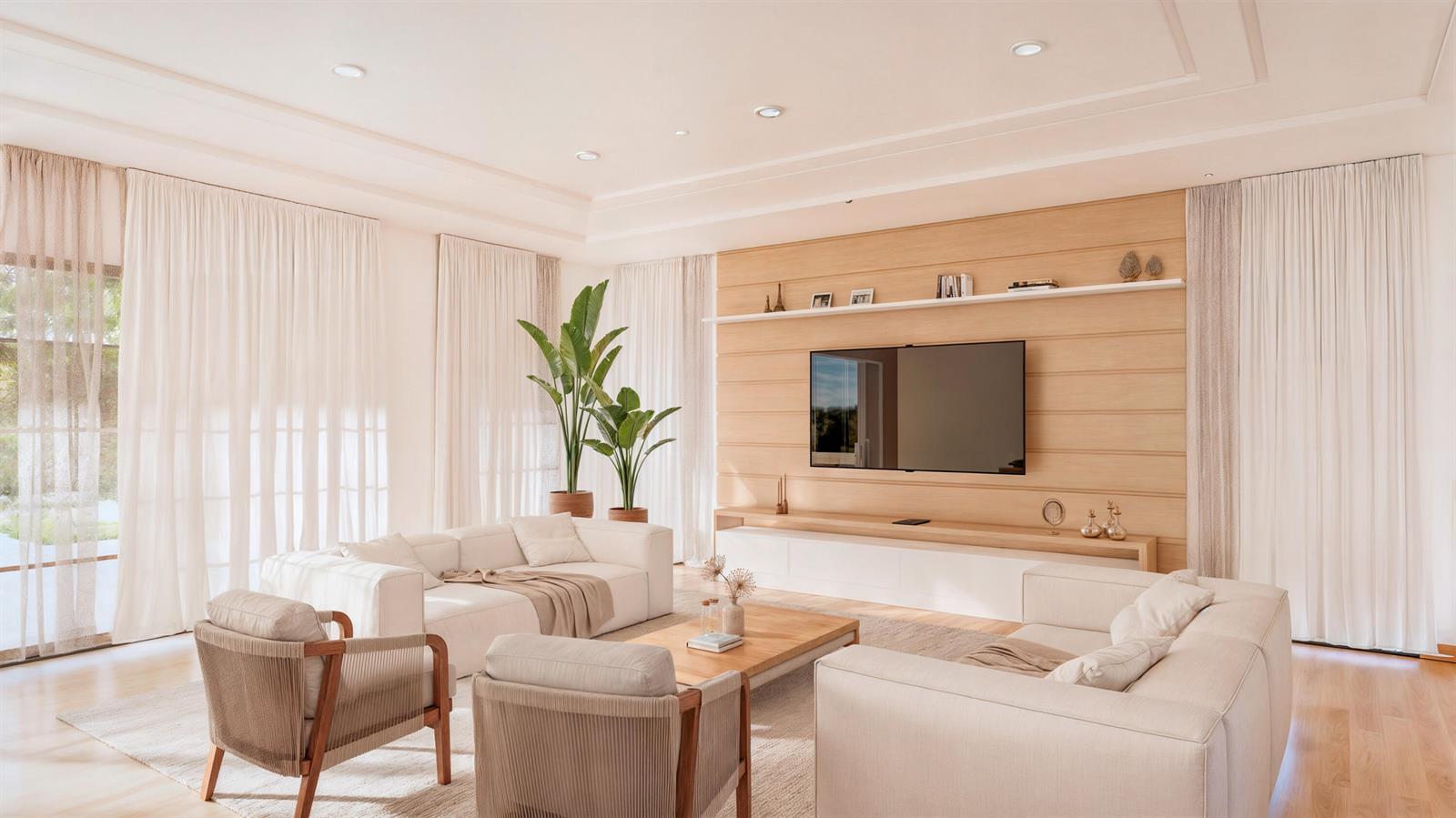 A bright living room features a wood-paneled media wall, white sofas, and floor-to-ceiling curtains — 1235 Aryana Way, Delray Beach FL 33445, DELRAY BEACH, FL