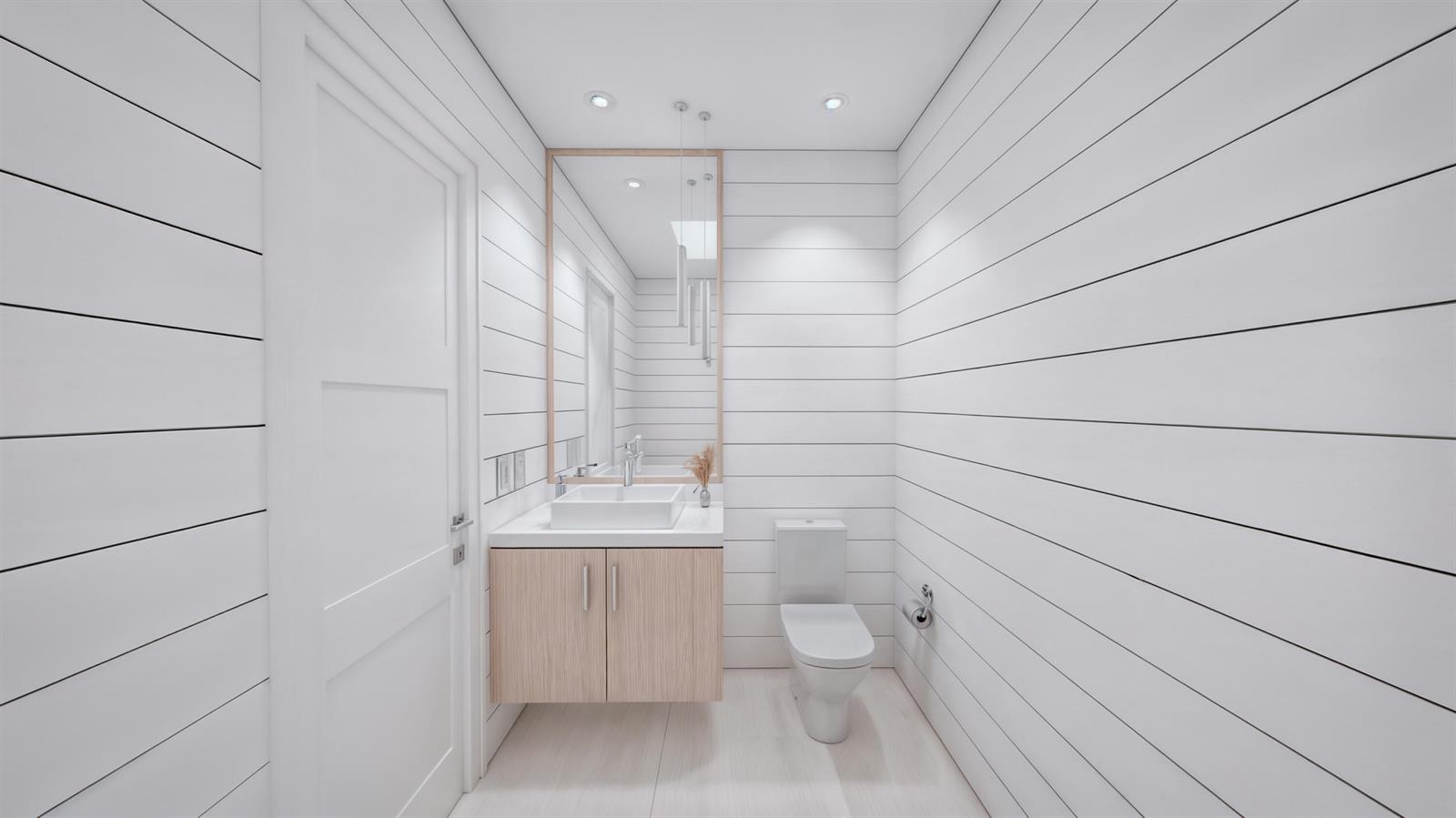 This rendering shows a small bathroom with white shiplap walls, a floating vanity, and toilet — 1235 Aryana Way, Delray Beach FL 33445, DELRAY BEACH, FL