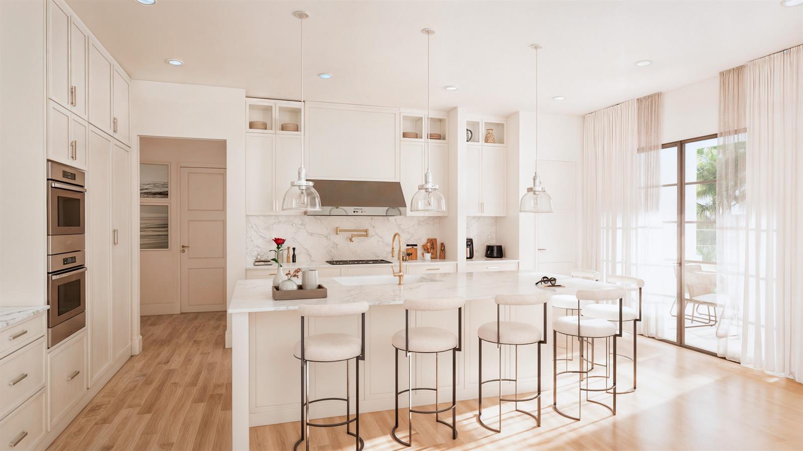 This rendering shows a bright, modern kitchen with white cabinetry, a marble island, and barstools — 1235 Aryana Way, Delray Beach FL 33445, DELRAY BEACH, FL