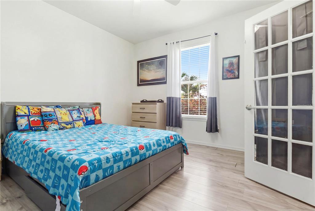 A bedroom features a bed with Pokémon bedding, a dresser, a window, and French doors — 11624 KILKENNY CORAL DRIVE, RIVERVIEW, FL
