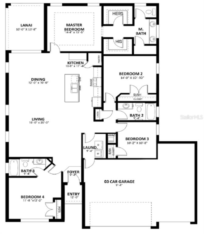 This floor plan shows a four-bedroom, three-bathroom home with a three-car garage and lanai — 14733 SW 21 TERRACE, OCALA, FL