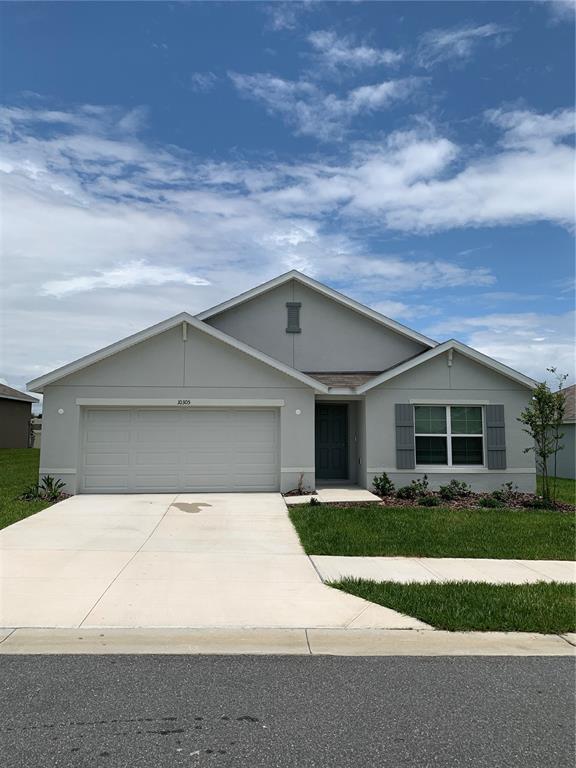 A single-story house with a gray stucco exterior, a two-car garage, and a front lawn — 10305 SE 161ST STREET, SUMMERFIELD, FL