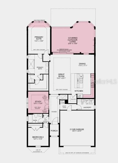 This is a floor plan for a single-story house with two bedrooms, a study, and garage — 30175 IMPERATI BOULEVARD, WESLEY CHAPEL, FL